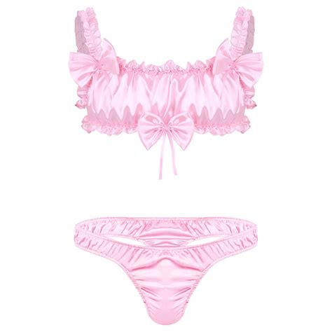 Lencer A Sexy Gay Para Hombre Conjunto De Ropa Interior De Sat N Brillante Con Volantes