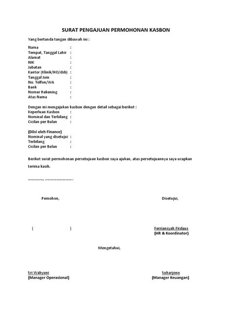 Surat Pengajuan Permohonan Kasbon | PDF