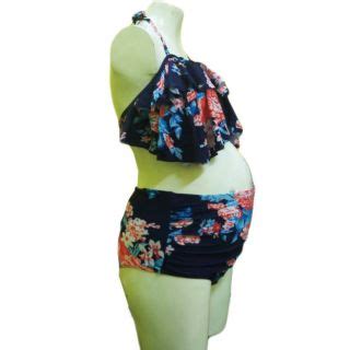 Bikini bầu Đồ bơi bầu dạng hai mảnh áo tầng quần cạp cao năng động