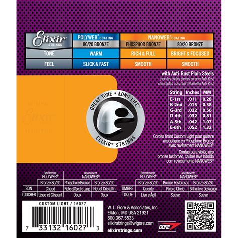 Elixir 16027 Nanoweb Phosphor Bronze Custom Light Acoustic Guitar ...