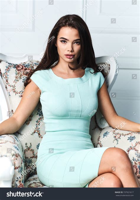 Fashion Brunette Woman Sexy Blue Dress Stock Photo 737921617 Shutterstock