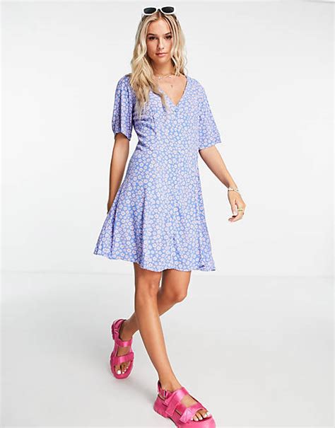 Monki Button Through Mini Dress In Bright Contrast Floral Asos