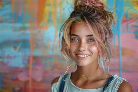 Premium Photo Woman Blonde Hair Messy Top Knot