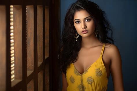 Premium Ai Image Indian Model Wearing Yellow Dress Shot Generative Ai