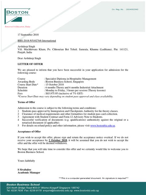 Letter Of Offer For International Students Pdf