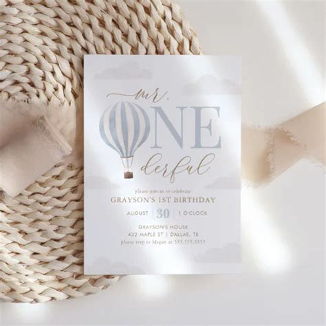 Mr Onederful Hot Air Balloon 1st Birthday Invitation Zazzle