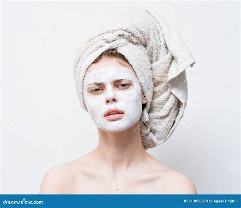 Pretty Woman With Towel On Head Emotions Naked Shoulders And Mask On Face Stock Image Image Of