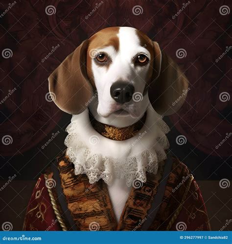 Realistic Lifelike Beagle Dog Puppy in Renaissance Regal Medieval Noble Royal Outfits Stock
