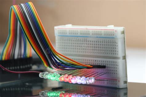 Breadboard with Glowing Lights from LED with Reflections on the Glass ...