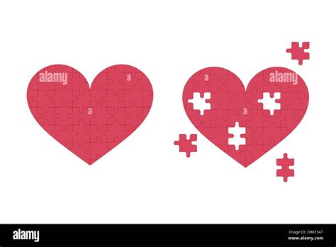 Puzzle Hearts Set Whole And Broken Heart Isolated Flat Vector Illustration On White Background