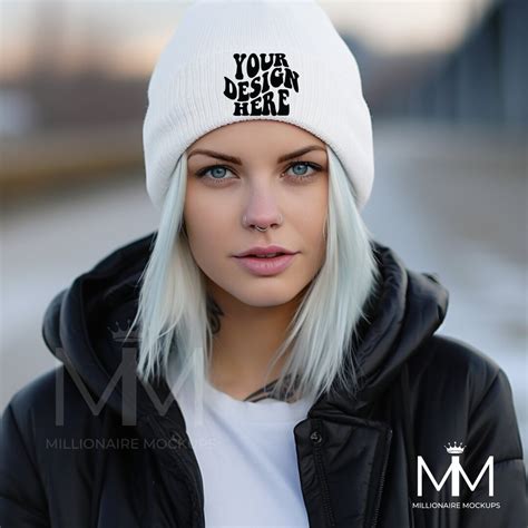 White Beanie Mockup Ribbed Knit Hat Mockup Cap Mockup Fall Mockup Holiday Mockup Model Wearing a ...