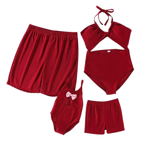 Sommer Rote Familie Passende Outfits Badeanzug Mama Und Tochter Bikini Sohn Und Papa Bades