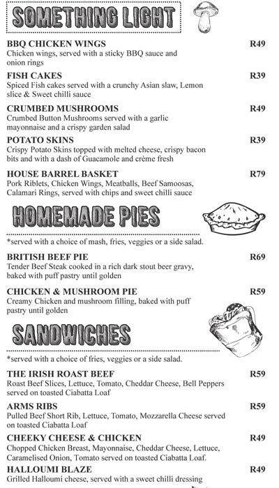 Devonshire Arms Menu, Menu for Devonshire Arms, Braamfontein, Inner ...