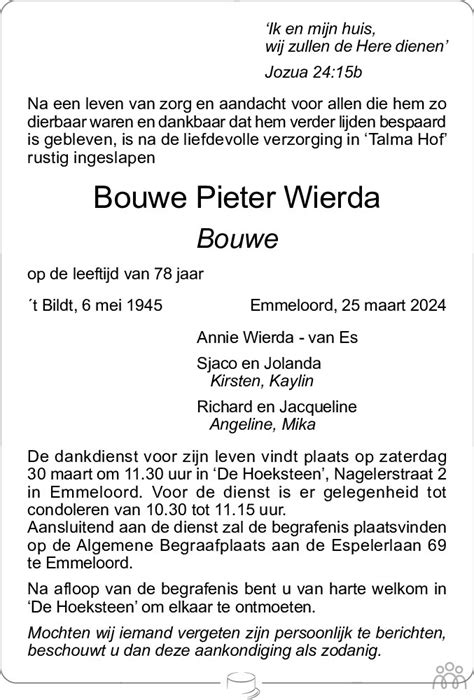 Bouwe Pieter Bouwe Wierda 25 03 2024 Overlijdensbericht En