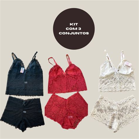 Kit 3 Conjuntos Espera Marido Em Renda Lingerie Caleçon Renda Calcinha Sutiã Cropped
