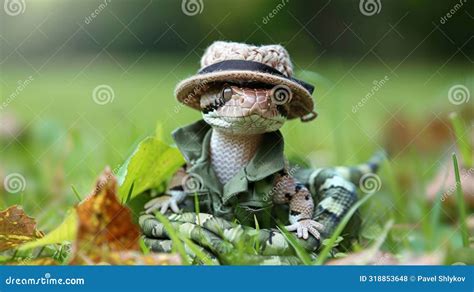Funny Grass Snake Wearing Knitter Coat And Hat Stock Photo