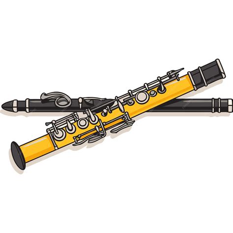 A yellow clarinet and a black flute are crossed over each other a ...