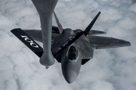 A U S Air Force F 22 Raptor Approaches A USAF KC 135 PICRYL Public