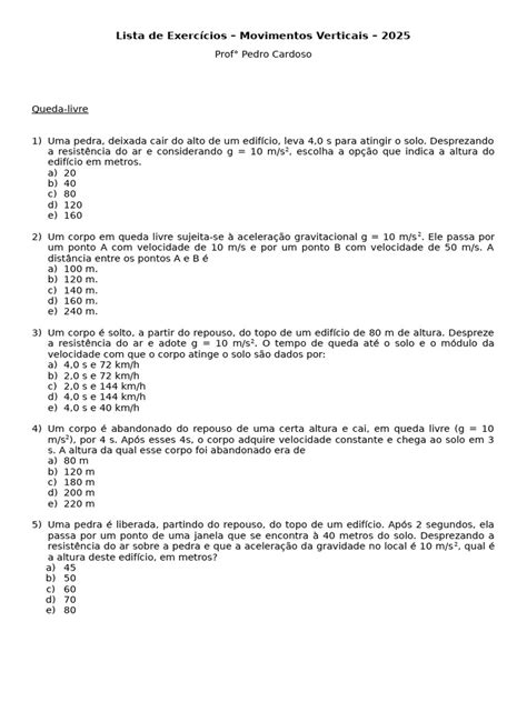 Exercícios sobre Queda Livre e Lançamento Vertical | PDF | Velocidade ...