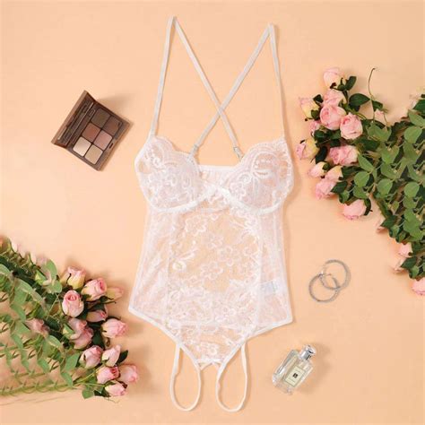 Red Crotchless Sexy Lingerie Women Patchwork Lace Bodysuit Erotic Costumes Teddy Stripper Nighty