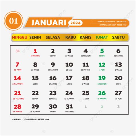 Kalender Januari 2024 Lengkap Dengan Hari Libur Nasional Vektor