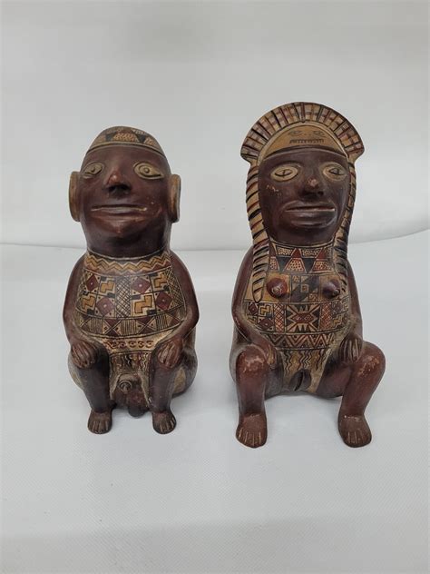Vintage Folk Art Pair Statue Nude Man Women Primitive Style Clay