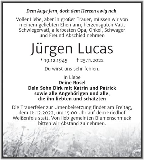 Traueranzeigen von Jürgen Lucas abschied nehmen de