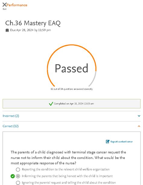 Elsevier Adaptive Quizzing Quiz Performance Ch 36 Correct Exit