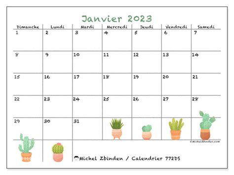 Calendrier janvier 2023 à imprimer 443DS Michel Zbinden CA