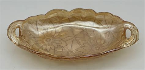 Vintage Amber Iridescent Carnival Glass Oval Dish Sunflower Etsy