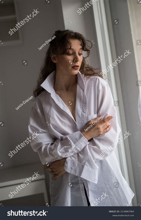 Attractive Sexy Brunette White Shirt Posing Stock Photo 2136867965 Shutterstock