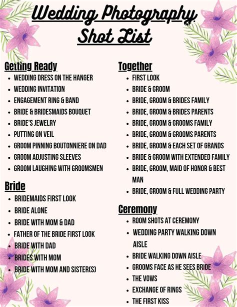 Wedding Photography Shot List | Wedding photography shot list, Wedding