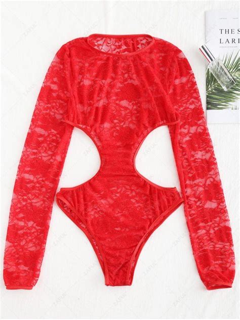 Off Sheer Lace Cut Out Lingerie Teddy Bodysuit In Red Zaful