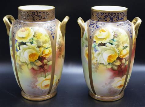 Pair Japanese Noritake Twin Handled Vases Painted Floral And Monthly