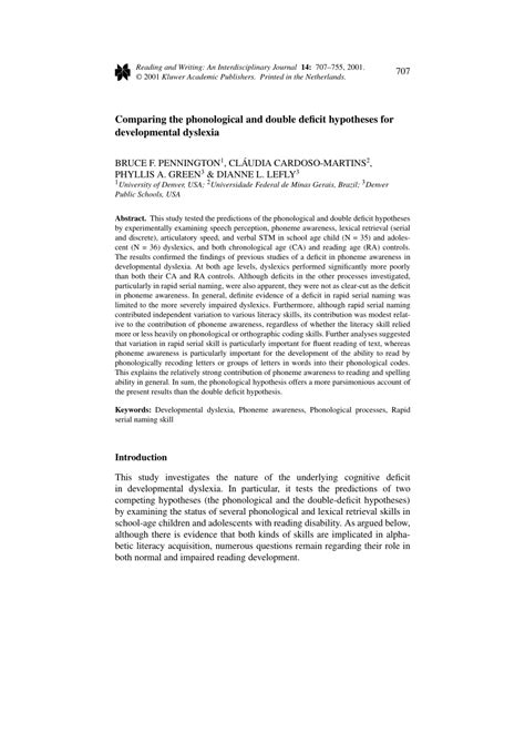 (PDF) Comparing the phonological and double deficit hypotheses for ...