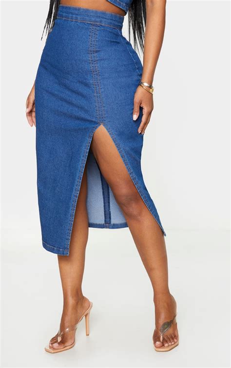 Shape Mid Blue Wash Denim Split Front Midi Skirt Prettylittlething Usa