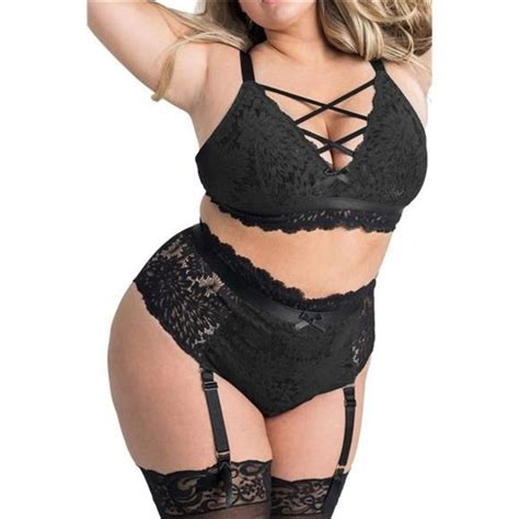 Intimates Sleepwear Sexy Womens Plus Size Black Floral Lace Lingerie High Waisted Suspender