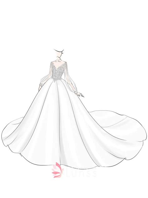 Sheer Long Sleeves Lace Satin Ball Gown Wedding Dress Sketch In 2021