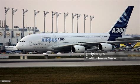 An Airbus A380 stands on the gate after landing for the first time at ...