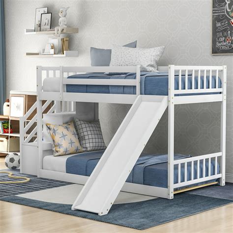 Euroco Twin Over Twin Bunk Bed With Slide And Stairway White Walmart