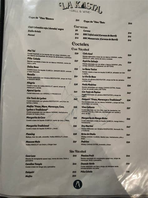 Carta del restaurante La Kasta Parkway Bogotá