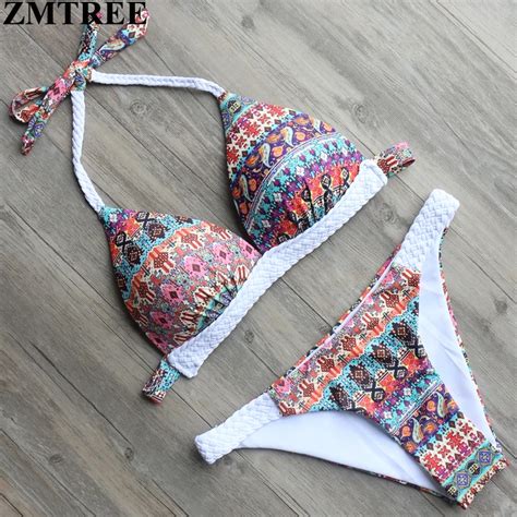 Zmtree Retro Printed Bikini Women Halter Swimsuit Crochet Swimwear Bikini Set Female