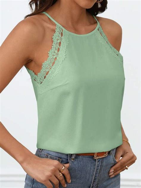 Shein Frenchy Guipure Lace Insert Tie Back Halter Top Shein Usa