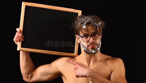 Man Muscular Torso Naked Body Hold Blackboard Copy Space Macho Attractive Nude Guy Show
