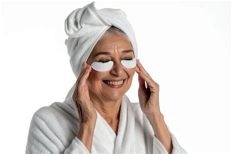 Soin De La Peau Très Heureuse Femme Hispanique Mature Riant Appliquant Des Patchs Cosmétiques