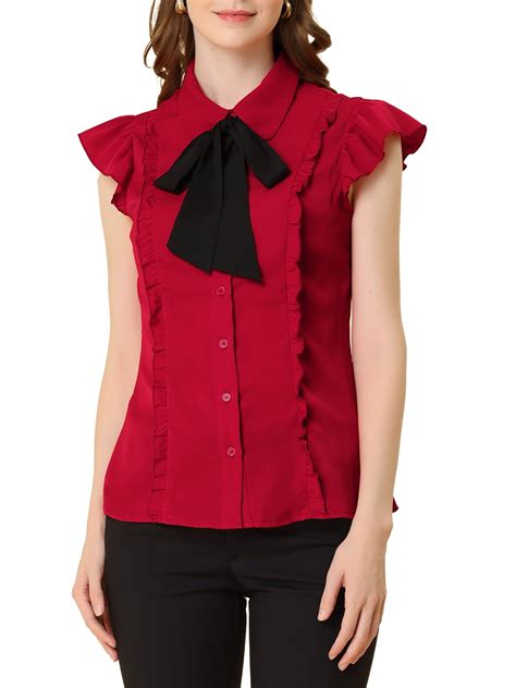 Allegra K Womens Ruffled Bow Tie Peter Pan Collar Button Down Chiffon