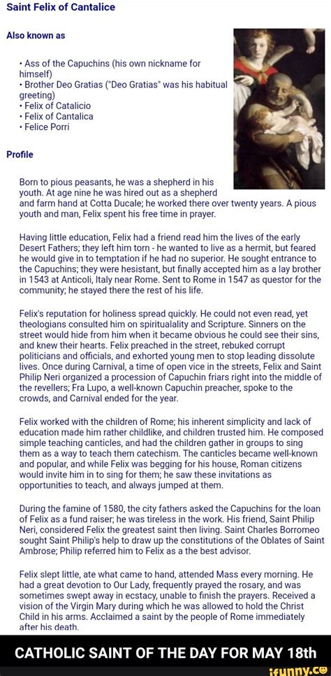 Saint Felix Of Cantalice Also Known As Ass Of The Capuchins His Own Nickname For Himself