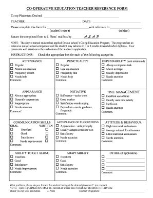 Fillable Online Mmr Hdsb Co Operative Education Teacher Reference Form