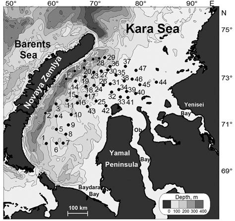 Study area and sampling stations in the Kara Sea in 2012. | Download ...