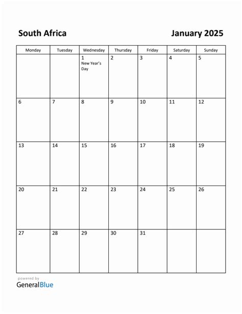 Free Printable January 2025 Calendar for South Africa